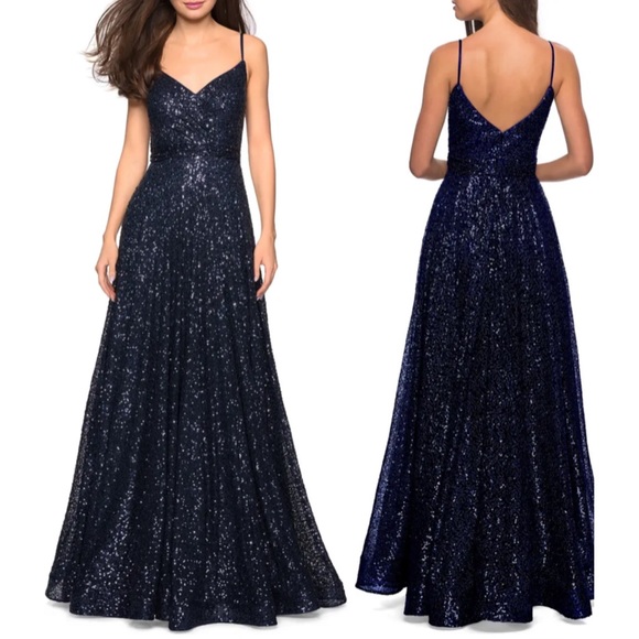 La Femme Dresses & Skirts - La Femme Sequin A Line Gown Maxi Dress 27747 in Navy Blue Size 8 NWT